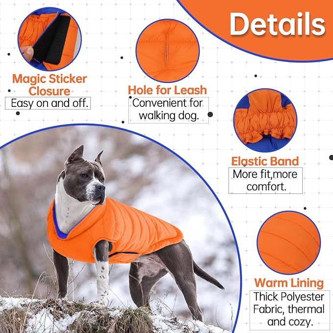 Lelepet Reversible Dog Coat Waterproof Dog Jacket Windproof Puffer Vest for Winter Warm Lightweight Coats for Large Dogs Adjustbale Hook & Loop Pet Apparel with Leash Hole, Golden Retriever, 3XL
