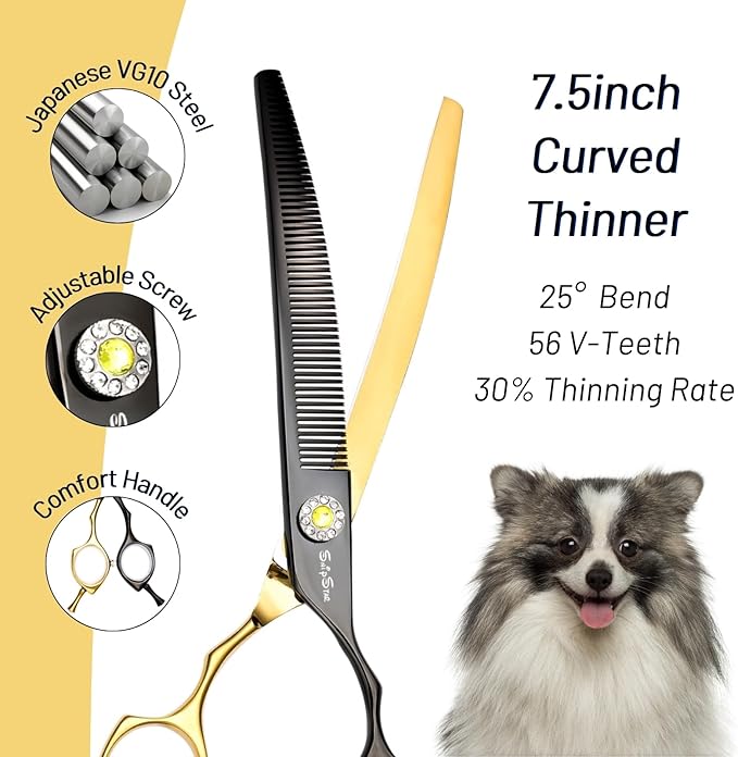 7.5inch 25° Curved Thinning Shears for Dog Grooming Scissors, 56 Teeth High-end Dog Trimming Scissors, VG10 Steel Sharp Blender, Ergonomic Professional Pet Shears for Dogs Cats Face Paws Limbs Groomer