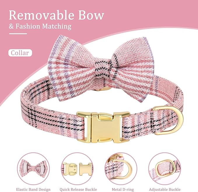 Beirui Cute Extra Small Dog Harness Collar and Leash Set with Bowtie, Soft Adjustable Plaid Puppy Harness for Small Sized Dogs Cats Walks Parties and Photoshoots(Pink,XXS:Chest 12-14")