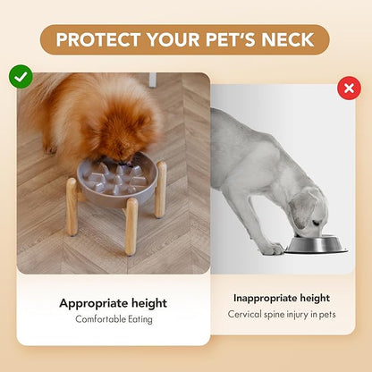 Ceramic 1.2 Cup Dog Raised Slow Feeder Set, Elevated Bowl with Wooden Stand for Medium and Small Dog, 7.3inch Slow Feeder Dish for Fast Easters(Brown Coffee, Single Bowl+ Stand)