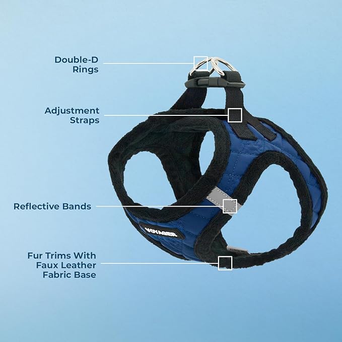 Best Pet Supplies - All Weather Plush, Reflective, No Pull Harness for Small, Medium Dogs, Cats - Secure with Hook & Loop Fastener, Buckle, Double D-Rings - Royal Blue Faux Leather, XS