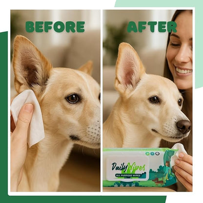 BASIL Pet Grooming Multi-Purpose Wipes for Dogs, Cats & Puppies – 80 Large Wipes (8″ × 8″) | Aloe Vera, Vitamin E & Castor Oil | Paw, Ear, Mouth & Butt Cleaning Wipes | Lemon Scent, Paraben-Free