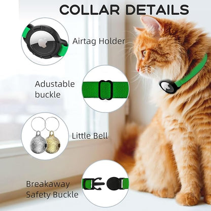 AirTag Cat Collars, Stretchy Collar with Apple AirTag Holder and Bell, Breakaway Ultra Design Elastic GPS Tracking Collars for Cats and Puppies, (7.5-12.5 Inch), Emerald Green