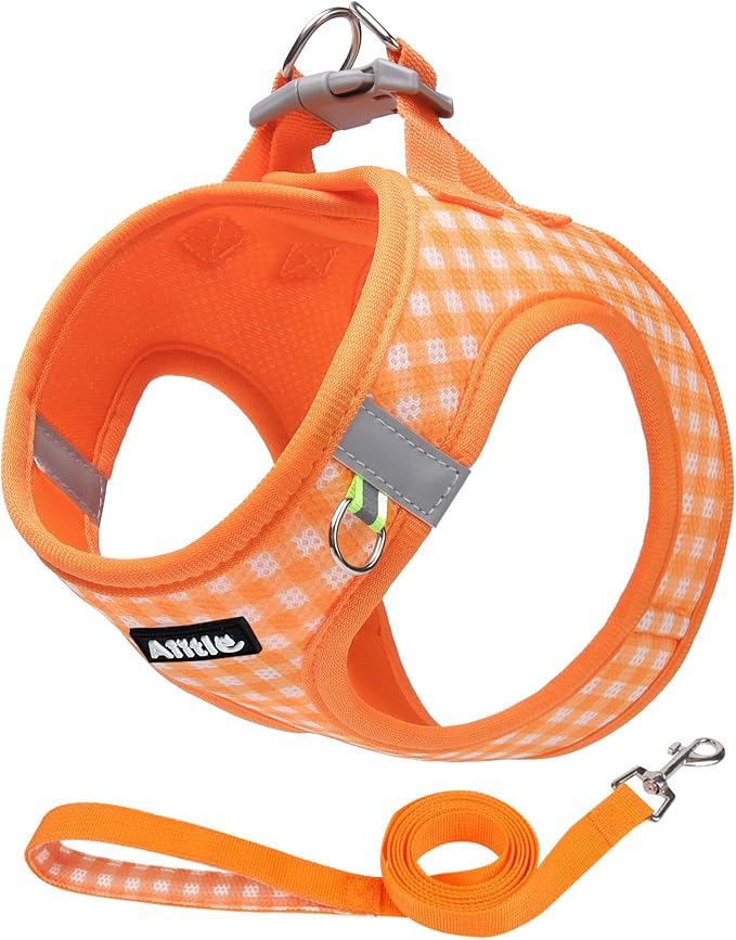 AIITLE Adjustable Dog Vest Harness Set – No-Pull Design, Plaid Print & Reflective Safety– Fits Poodles, Shih Tzus & Medium-Sized Dogs up to 38lbs (M, Orange)