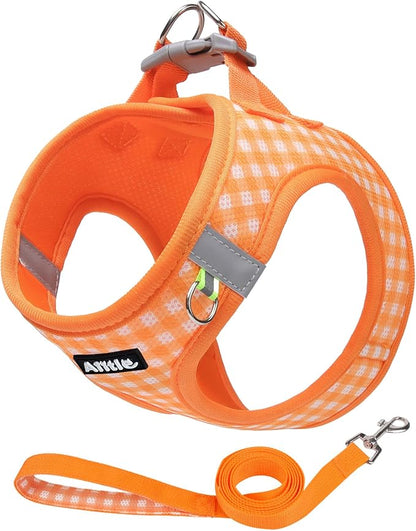 AIITLE Small Dog Harness with Leash – Soft Breathable Mesh, Plaid Pattern & Reflective Strips – Ideal for Training, Running & Party Outings (S, Orange)