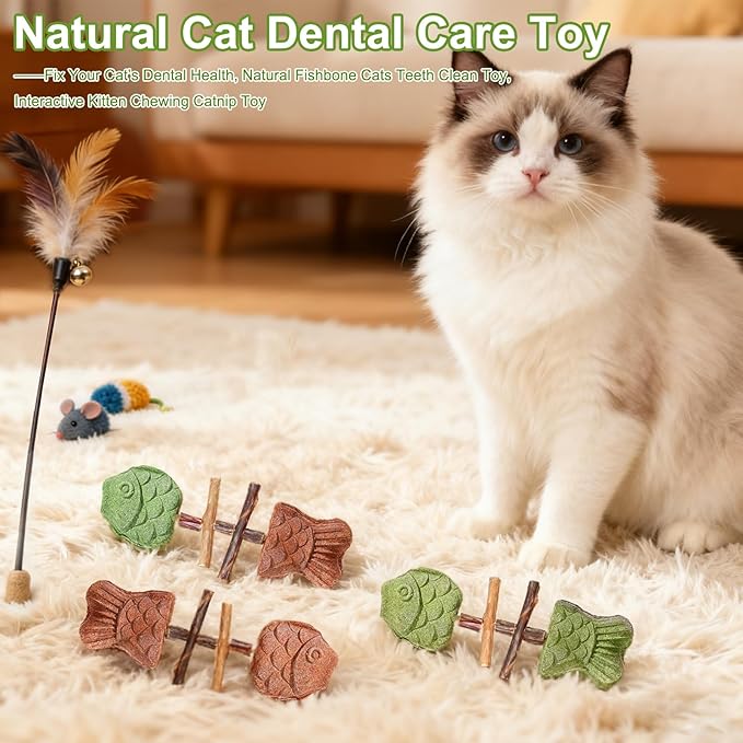 Creative Fish Bone Cat Toy,Purrident - Fix Your Cat’s Dental Health,Wooden Catnip Teeth Cleaning Stick,Natural Fishbone Cat Dental Toy,Pets Cat Chew Stick Toys,for Cats Teeth Cleaning(3Pcs-Mix)