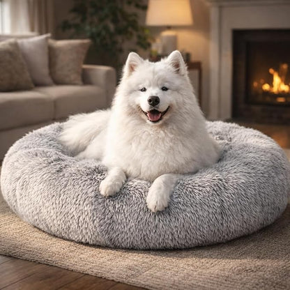 Dog & Cat Bed for Indoor Cats, 30in Calming Donut Pillow mat for Puppy and Kitten, Washable Cooling Round Fluffy Pet Nest for Small Medium Dogs and Cats, Light Grey
