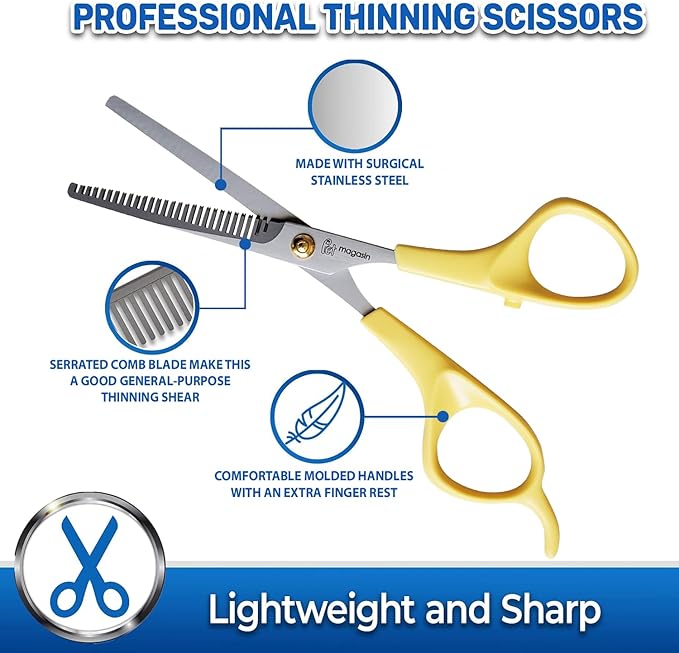 PET MAGASIN Professional Dog Grooming Scissors Set - Curved Thinning Shears for Dogs, Pet Hair Cutting Tools with Safety Tips for Small & Large Breeds, Grooming Kit for Home