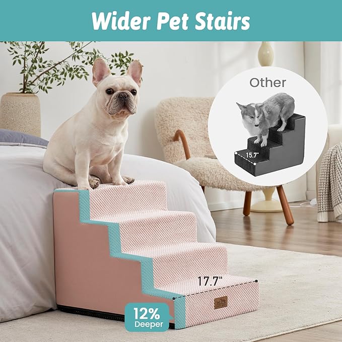 COZY KISS Dog Stairs for Small Dogs, 17.7" Extra Wide Right-Angle Pet Stairs for Couch and Beds, Anti-Slip Dog Steps for Old Cats and Lowrider, 17.7x23.6x17.7 inch, Pink