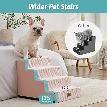 COZY KISS Dog Stairs for Small Dogs, 17.7" Extra Wide Right-Angle Pet Stairs for Couch and Beds, Anti-Slip Dog Steps for Old Cats and Lowrider, 17.7x23.6x17.7 inch, Pink