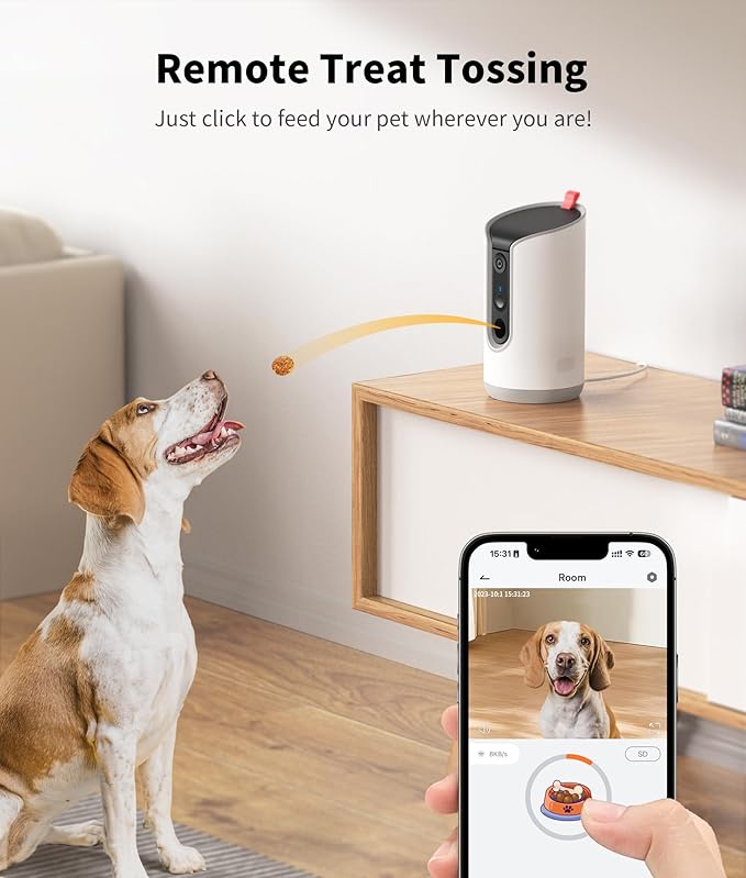 TKENPRO 2K Pet Camera Treat Dispenser, 360°View Dog Camera with Phone App, 5G&2.4G WiFi 2-Way Talk Pet Cam Indoor for Cats Remote Treat Tossing, Motion Alerts, Auto Tracking