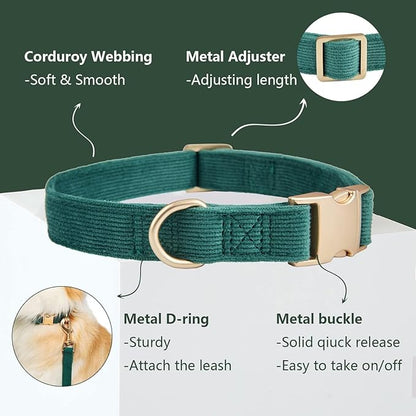 Ewinoom Soft Corduroy Dog Collar and Leash Set Adjustable Durable Dog Collars with Metal Buckle and Lead for Large Dogs,Dark Green