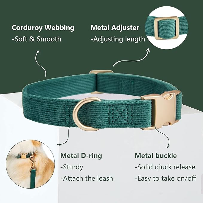 Ewinoom Soft Corduroy Dog Collar and Leash Set Adjustable Durable Dog Collars with Metal Buckle and Lead for Small Dogs,Dark Green