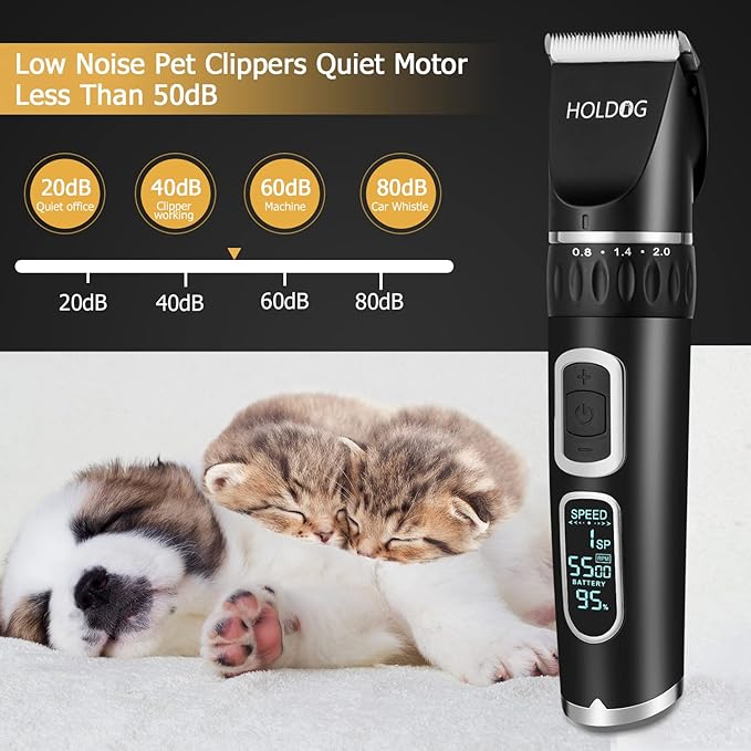 HOLDOG Dog Clippers Professional Heavy Duty Dog Grooming Clipper 3-Speed Low Noise High Power Rechargeable Cordless Pet Grooming Tools for Small & Large Dogs Cats Pets with Thick & Heavy Coats