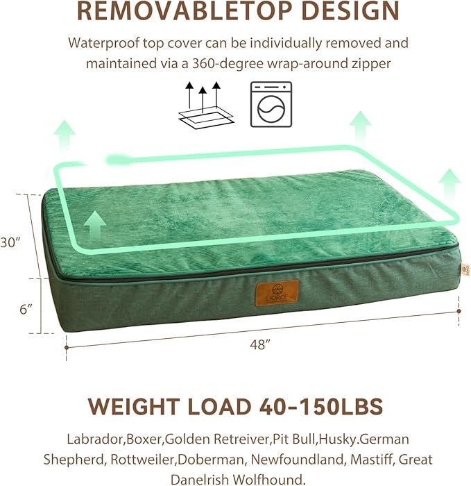 LIORCE Orthopedic Memory Foam XXL Dog Bed - 6" Thick Beds for Extra Large Sized Dog - Waterproof Removable Washable Cover & Wrap-Around Zipper - Ultimate Comfort & Easy Maintenance, Green