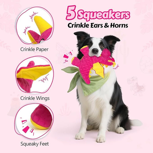 BBeary Squeaky Dog Toys - Soft Plush Dragon Dog Toy with 5 Squeakers & Crinkle Paper, Dog Toys for Small, Medium and Large Dogs (Pink,10")