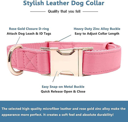 Soft Leather Dog Collar and Leash (6.6') Set - Stylish Rose Gold Heavy Duty Metal Buckle, 4 Adjustable Lengths Leash for Small Medium Large Dogs - Comfortable & Easy to Clean Dark Pink M(13.8"-19.7")