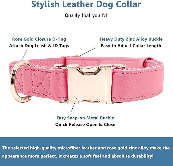 Soft Leather Dog Collar and Leash (6.6') Set - Stylish Rose Gold Heavy Duty Metal Buckle, 4 Adjustable Lengths Leash for Small Medium Large Dogs - Comfortable & Easy to Clean Dark Pink L(15.4"-24.8")