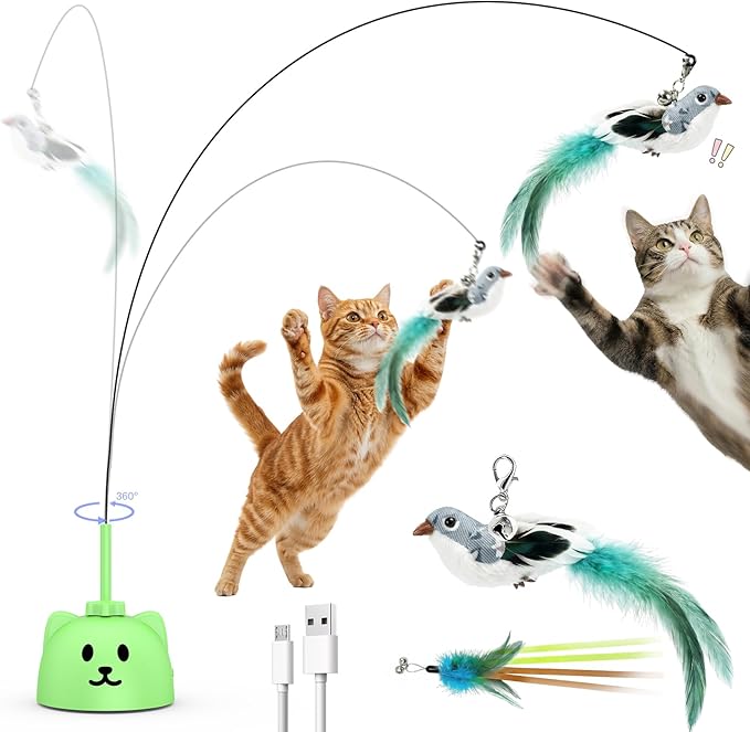 CATPICK Interactive Cat Toys for Indoor Cats - Automatic Flying Bird Feather Toy, USB Rechargeable Electric Cat Teaser with Strong Suction Base, Smart Motion Self-Play Toy for Bored Cats(Green)