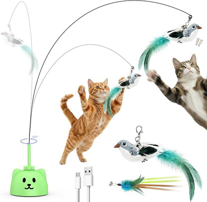CATPICK Interactive Cat Toys for Indoor Cats - Automatic Flying Bird Feather Toy, USB Rechargeable Electric Cat Teaser with Strong Suction Base, Smart Motion Self-Play Toy for Bored Cats(Green)