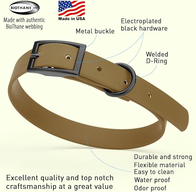 Dogline Biothane Waterproof Dog Collar Strong Coated Nylon Webbing with Black Hardware Odor- Proof for Easy Care Easy to Clean High Performance Fits Small Medium or Large Dogs, Coyote Brown