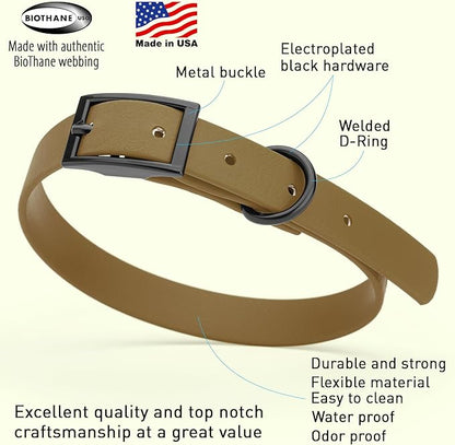 Dogline Biothane Waterproof Dog Collar Strong Coated Nylon Webbing with Black Hardware Odor- Proof for Easy Care Easy to Clean High Performance Fits Small Medium or Large Dogs, Coyote Brown