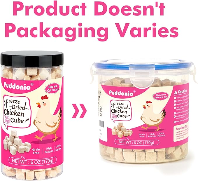 Puddonio Freeze Dried Cats & Dogs Raw Treats, All Natural Single Ingredient Chicken Breast, High Protein Healthy Pet Training Treats or Food Topper, 6 oz