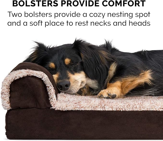 Furhaven Memory Foam Dog Bed for Large/Medium Dogs w/ Removable Bolsters & Washable Cover, For Dogs Up to 55 lbs - Two-Tone Plush Faux Fur & Suede L Shaped Chaise - Espresso, Large