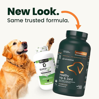 VetriScience Healthy Hip & Joint Chewable Tablets, GlycoFlex Glucosamine and Green-Lipped Mussel Joint Support Supplement for Dogs, Promote Mobility and Protect Joints, Chicken, 120 Count