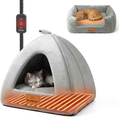 Heated Cat Bed for Indoor Cats, 2-in-1 Heated Cat Cave & Cuddler Warming Bed with Built-in 22W Heating Pad, Machine Washable Thermo-Pet Nest Furniture for Small to Medium Cats 17.3 X 17.3 in