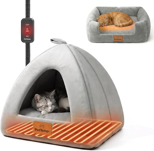 Heated Cat Bed for Indoor Cats, 2-in-1 Heated Cat Cave & Cuddler Warming Bed with Built-in 22W Heating Pad, Machine Washable Thermo-Pet Nest Furniture for Small to Medium Cats 17.3 X 17.3 in