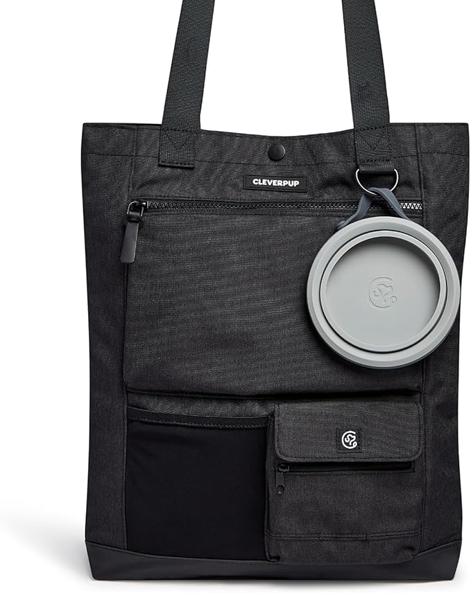 Cleverpup Park Pack 2-Piece Set Dog Gear Tote – Dog Travel Bag with 8 Pockets, Treat Pouch, Poop Bag Dispenser, Quick-Dry Ball Pocket, Collapsible Bowl, Perfect for Walks & Park Trips, Graphite