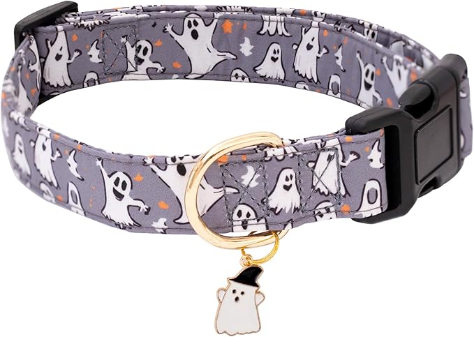 Faygarsle Gray Dog Collar with Ghosts Pattern Fall Autumn Halloween Cute Dog Collar for Small Medium Large Dogs Seasonal Pet Collar for Male Female Puppy Boy Girl Collar para Perros M