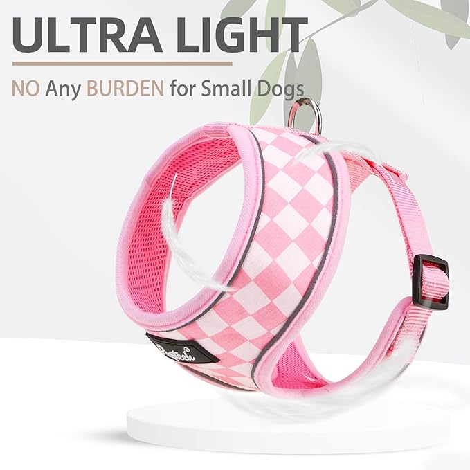 PUPTECK Soft Mesh Dog Harness and Leash Set Pet Puppy Cat Comfort Padded Vest No Pull Harnesses, Checkered Pink&White, M