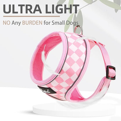 PUPTECK Soft Mesh Dog Harness and Leash Set Pet Puppy Cat Comfort Padded Vest No Pull Harnesses, Checkered Pink&White, M
