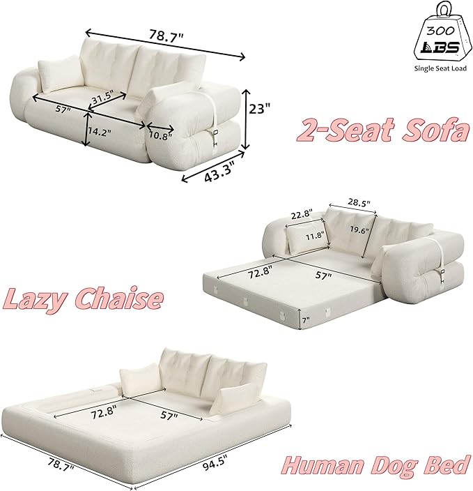 KEIKI 78.7" Foldable 3-in-1 Multi-Functional Sleeper Sofa Bed, Convertible Foam-Filled Floor Couch for Adults, Human-Sized Dog Bed, Teddy Fabric, Black