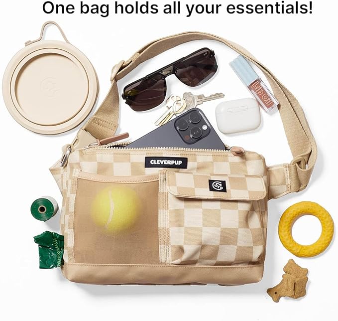 Cleverpup Dog Walk & Train Sling Bag - Hands-Free Dog Walking & Training Bag with Treat Pouch, Poop Bag Holder & Phone Pocket - Crossbody or Fanny Pack, Adjustable Strap - Checkerboard