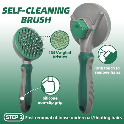 KUEIOX Pet Grooming Kit - 7 PCS Green Deshedding Brush Set with Undercoat Rake, Slicker Brush, Bath Brush & Nail Clipper for Short & Long-Haired Dogs and Cats
