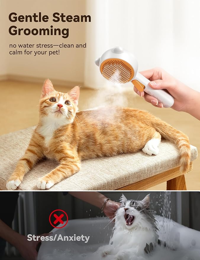 Pet Steam Brush for Dogs & Cats , Brushes for Indoor Cats with Release Button, Dual Speed Spray USB Rechargeable Grooming Supplies, Dog Brush for Shedding Suitable for All Long- and Short-haired Pets