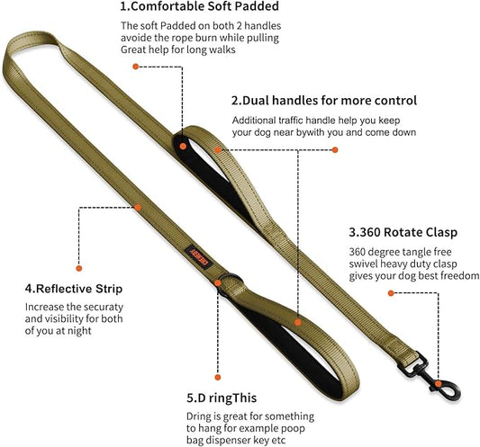 Heavy Duty Double Handle Dog Leash - Reflective Training Lead, Perfect for Medium to Large Dogs (5FT, Deep Green)