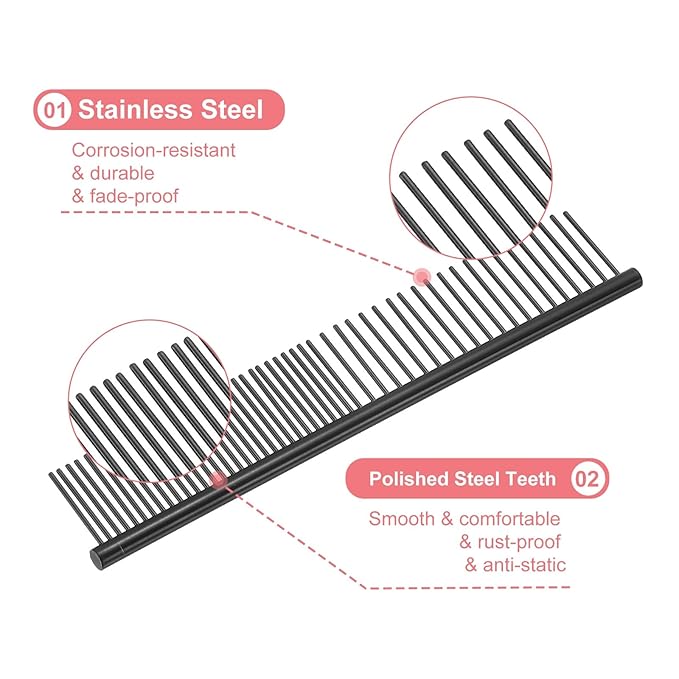 PETAXCELL Dog Cat Comb, Pet Combs Stainless Steel Teeth with Rounded Ends for Knots Mats Loose Hair Removal, 6.5IN (Black Coated, 3 Pack), Grooming Tool Intended for Long Curly Hair Pet