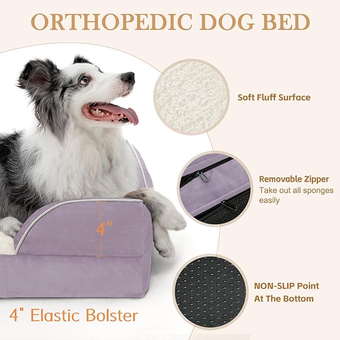 Comfort Expression Orthopedic Dog Bed for Medium Dogs 28x19 Inch, Waterproof Supportive Egg Crate Foam Medium Pet Bed with Removable Bolsters, Dog Couch with Washable Cover & Non-Slip Bottom, Purple
