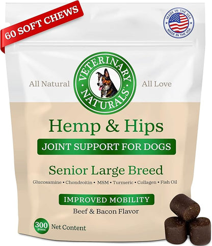 Veterinary Naturals Hemp & HIPS Joint Supplement for Dogs/Supports Relief from Hip and Joint Pain in Large, Aging Dogs (Senior Large Breed, Beef & Bacon)