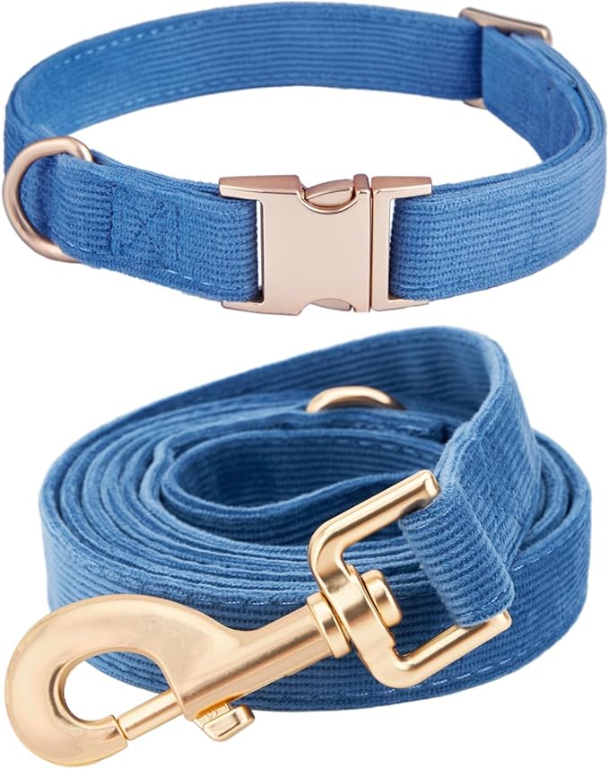 Ewinoom Soft Corduroy Dog Collar and Leash Set Adjustable Durable Dog Collars with Metal Buckle and Lead for Medium Dogs,Royal Blue