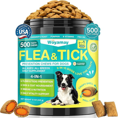 Woyamay 4-IN-1 Flea and Tick Prevention for Dogs, 500 Crunchy Dog Flea Chews, Dog Flea Treatment, Natural Oral Flea Treatment for Dogs, Daily Support for Flea, Skin & Coat, Gut, Immune, Chicken Flavor
