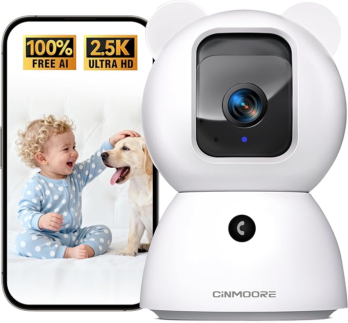 CINMOORE 2.5K Pet/Dog Camera with Speaker/Phone App, No-Monthly-Fee AI Person/Pet/Cry Detection Security Camera Indoor, PTZ 2.4GHz WiFi Baby Monitor Cameras for Home Security, Night Vision, 2-Way Talk