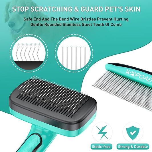 WOPQAEM Dog Brush - 3 Pcs Self Cleaning Slicker Brush & Nail Clippers & Pet Comb for Dogs,Cats and Horses, Skin Friendly Deshedding Grooming Tool whit Short Long Haired Pets