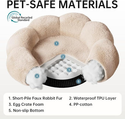 OhGeni 31 inches Calming Donut Orthopedic Dog & Cat Bed for Medium Pets, Warming Comfort Fluffy Short Pile Fur, Durable Waterproof Machine Washable Removable Cover, Cute Round Bed for Puppy, Cream