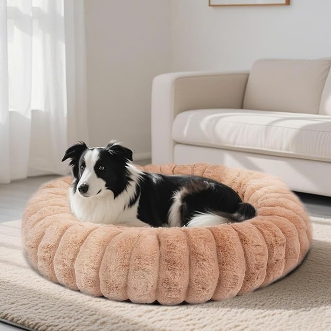 Vhen When Donut Dog and Cat Bed, Luxurious Comfortable Faux Rabbit Fur Pet Beds, Round Anti-Anxiety Calming Puppy Kitten Bed with Anti-Slip Bottom for Small Medium Large Dogs & Cats(31", Brown)