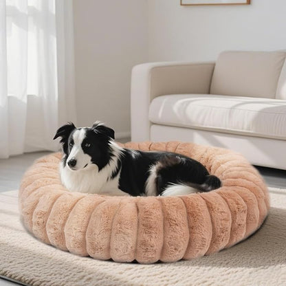 Vhen When Donut Dog and Cat Bed, Luxurious Comfortable Faux Rabbit Fur Pet Beds, Round Anti-Anxiety Calming Puppy Kitten Bed with Anti-Slip Bottom for Small Medium Large Dogs & Cats(31", Brown)